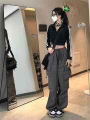 Y2K Streetwear Gray Cargo Pants Women Oversized Hip Hop Egirl Pockets Wide Leg Trousers Korean Style Drawstring Sweatpants