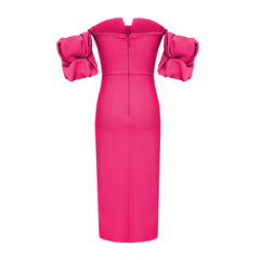 New Rosered Women Sexy Off the SHoulder Bodycon Midi Dress Rayon Bandage Fashion Puff Sleeve Celebrate Evening Party Outfit