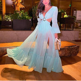 Pbong mid size graduation outfit romantic style teen swag clean girl ideas 90s latina aestheticSexy V-Neck Backless Hollow Out Dress Summer Women Lantern Sleeve Club Party Long Maxi Dresses Tunic Beach Cover Up A916