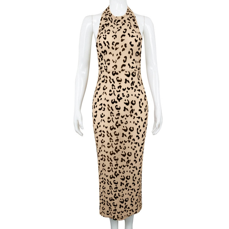 Dresses Leopard Print Sexy Halterneck Gauze Half See-Through Backless summer New Madi Dress Female Party Dress