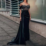 Sexy Backless Evening Party Dress for Women Black Lace Chest Wrapping Off the Shoulder Split Mermaid Prom Gown Maxi Dresses