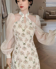 Vintage Elegant Cheongsam Dress Women Floral Embroidery Design Party Fairy Dress Female Spring Court Retro Long Split Dress