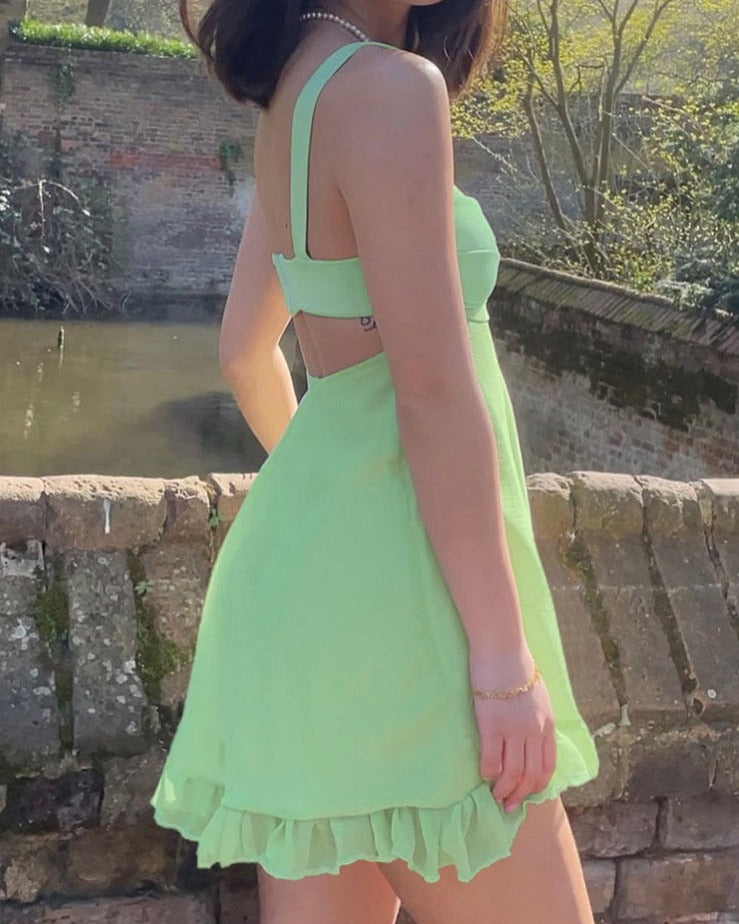 Vestidos Elegantes Para Mujer Solid Color Cutout Slim Sling Dress Sexy Backless Ruffle Dress Female