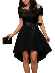 Elegant Red Lace Dress Women Patchwork Slash Neck Short Sleeve Sashes Tunic Dress  Summer Ladies Sexy Evening Party Dresses