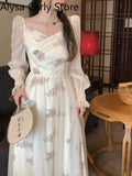 Mesh Vintage Long Sleeve Midi Dress Women Casual Korean V-neck Long Fairy Dresses Elegant Women's Dresses for Party Autumn