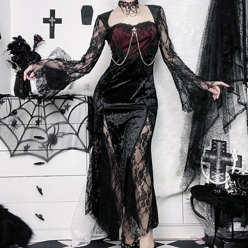 Goth Dark Elegant Mall Gothic Women Evening Dresses Grunge Aesthetic E-girl Velvet Midi Dress Lace Splice Sexy Split Alt Outfits