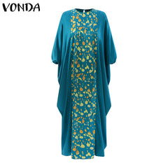 Pbong Bohemian Bat Sleeve Printed Maxi Dress Summer Women Pleated Party Sundress Casual O Neck Oversized Satin Long Dress