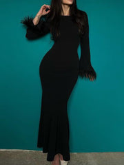 Fashion Feather Sleeve Dress Women Sexy Long Bodycon Dress Autumn Elegant Slim Wrap Dress Lady Black O-Neck Evening Party Dress
