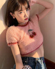 Summer Round Neck Short Sleeve Pink Lovely Sweet Girl T-Shirts Casual Slim Crop Top Fashion Female Streetwear Tees