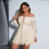 Sexy Women Plus Size Dresses Embroidered Lace Edge One-shoulder Short Dress Sweet  New Solid Color Elegant A-line Dress
