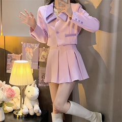 Spring Korean Two Piece Set Women Long Sleeve Short Jacket Crop Coat + Pleated Mini Skirt Suits Vintage 2 Piece Outfits