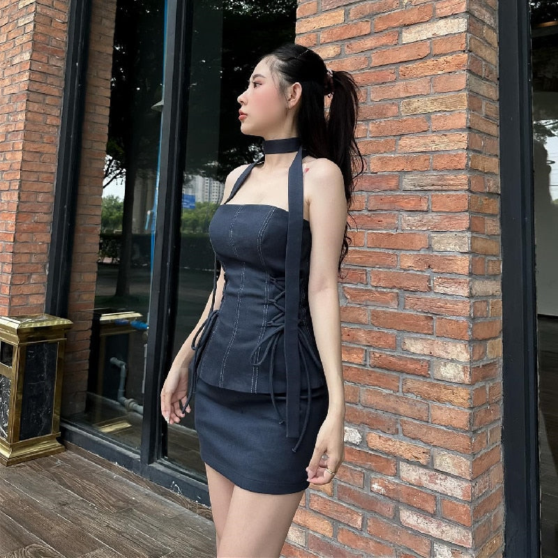 Women Formal Occasions Two Piece Set Sexy Side Cross Bandage Solid Tube Tank Top With Skinny Slim Skirt Summer New