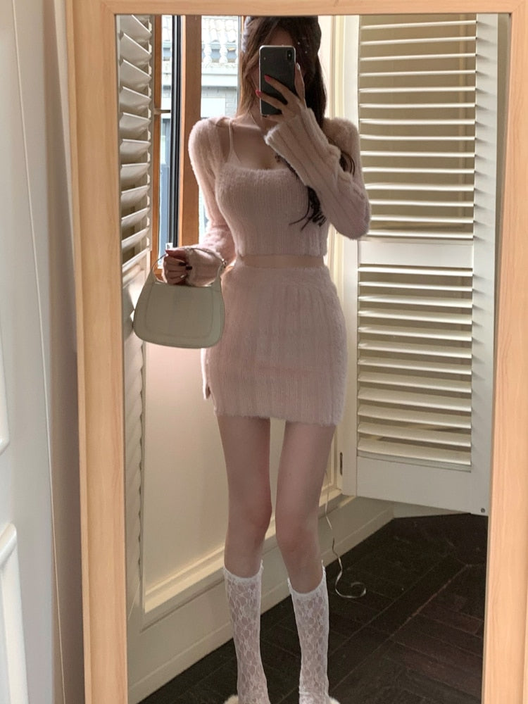 Autumn Sweater Knitted Suits Female Elegant 2 Piece Dress Korean Fashion Even Party Y2k Mini Dress Office Lady Short Skirts