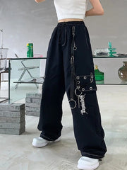 Gothic Harajuku Black Cargo Pants Women Chain Wide Leg Goth Hippie Streetwear White Trousers Loose Female Baggy Fashion