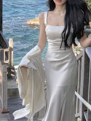 Midi Dress Women Elegant Summer Folds Fashion Evening Party Lady Vestido Vintage Spring Female Clothing Solid Satin Dresses