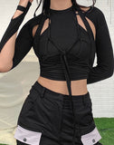 Gothic hollow tshirt 2 pieces crop top summer black Punk bandage tassel top high streetwear party top cotton tees female