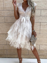 Pbong Women Elegant Turtleneck Lace Patchwork Party Dress Sexy Sleeveless Ladies Summer Mesh Ruffle Dress Cute Princess Lace-Up Dress