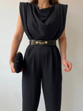 Sexy Black Office Jumpsuit Lady Elegant Pocket Metal Button Bodycon Playsuit Casual One Piece Sleeveless Lace-Up Romper Overalls