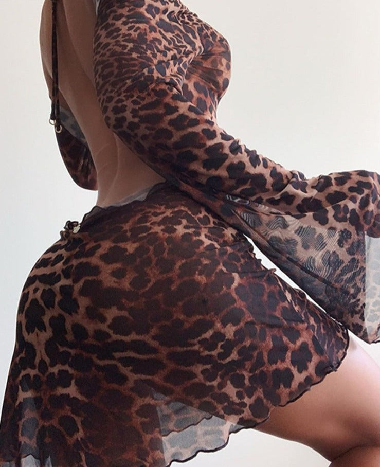 Party Night Sexy Leopard Backless See-Through Clubwear Women Clothing Flared Sleeves Lace Up Bodycon Mini Street Dresses