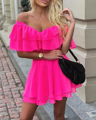 Pbong mid size graduation outfit romantic style teen swag clean girl ideas 90s latina aestheticElegant Off Shoulder Ruffle Fit Flare Dress Women Solid Casual Dress Summer Dress Mini Elegant Dress