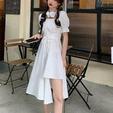 Women's White Dress Summer Elegant Vintage Kawaii Puff Sleeve Midi Dress Square Collar Bandage Sundress Goth Outfits