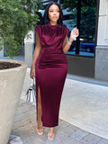 Pbong mid size graduation outfit romantic style teen swag clean girl ideas 90s latina aestheticWomen Dress Pleated Long Wine Red Elegant Slit High Collar Slim Fit Sleeveless Maxi Robes Female Shiny Gowns Party Spring