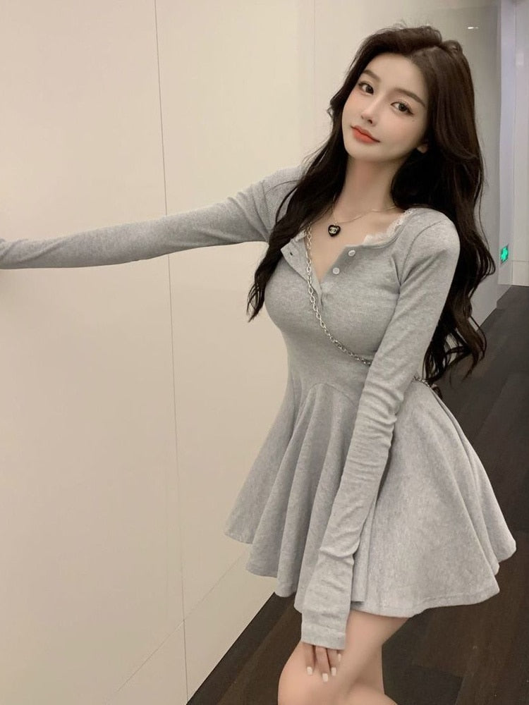 Black Wrap Dress Women Korean Style Bodycon Lace Long Sleeve Short Dresses Autumn Kpop Outfits Solid