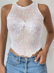 Sequin Mesh See-Through Vest Cute Sleeveless For Women Crop top Glitter Fashion Casual Streetwear Hollow Out Slim Tank Top