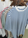 Bornladies Summer Short Sleeve Striped T-Shirts Women Knitted Basic Casual Tops Female Cozy Loose Cotton Tee Harajuku Shirt