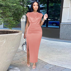 Pbong mid size graduation outfit romantic style teen swag clean girl ideas 90s latina aestheticWomen Dress Pleated Long Wine Red Elegant Slit High Collar Slim Fit Sleeveless Maxi Robes Female Shiny Gowns Party Spring