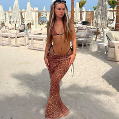 Leopard Print Beach Dress Sets for Women Bikini Set and Cover Up Skirt Suit Sexy Mesh Sheer 3 Piece Swimsuit Beachwear