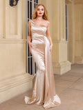 One Shoulder Padded Sexy Satin Maxi Dress Women&#39;s Evening Party Dress Gown with Ribbon Royal Blue Green Draped Long Dress