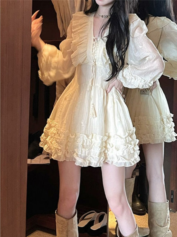 Sweet Ruffle Fairy Mini Dress Women Sexy V-neck Korean Style Princess Dress Autumn Design Elegant Women's Dresses for Party