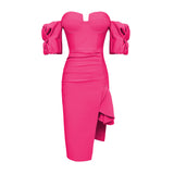 New Rosered Women Sexy Off the SHoulder Bodycon Midi Dress Rayon Bandage Fashion Puff Sleeve Celebrate Evening Party Outfit