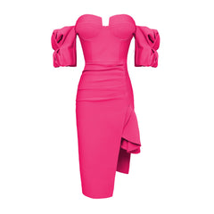 New Rosered Women Sexy Off the SHoulder Bodycon Midi Dress Rayon Bandage Fashion Puff Sleeve Celebrate Evening Party Outfit