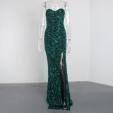 Sexy Split Sleeveless Stretch Sparkle Sequin Floor Length Party Dress Strapless Padded Bodycon Mermaid Maxi Dress Black