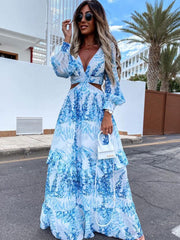 Sexy V-Neck Backless Hollow Out Dress Autumn Women Lantern Sleeve Club Party Long Maxi Dresses Tunic Beach Cover Up Pbong mid size graduation outfit romantic style teen swag clean girl id