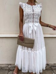 Pbong Women Elegant Turtleneck Lace Patchwork Party Dress Sexy Sleeveless Ladies Summer Mesh Ruffle Dress Cute Princess Lace-Up Dress