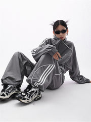 Y2K Gorpcore Pant Sets Women Streetwear Vintage 90s Two Piece Set Oversized Tracksuit Wide Leg Track Pants Hip Hop Jacket