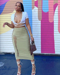 Summer Solid Color Skirt Hollow Fold Design Elastic Waist Slim Body Buttocks Fashion For Women Commuting Out Of Street