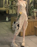 Floral Elegant Short Sleeve Dress Woman Casual Summer Sexy Party One Piece Dress Korean Fashion Beach Vintage Midi Dress