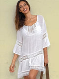 Pbong mid size graduation outfit romantic style teen swag clean girl ideas 90s latina aestheticSexy Bikini Set Cover-ups Casual V-neck Short Sleeve Summer Beach Dress White Tunic Women Beach Wear Swim Suit Cover Up
