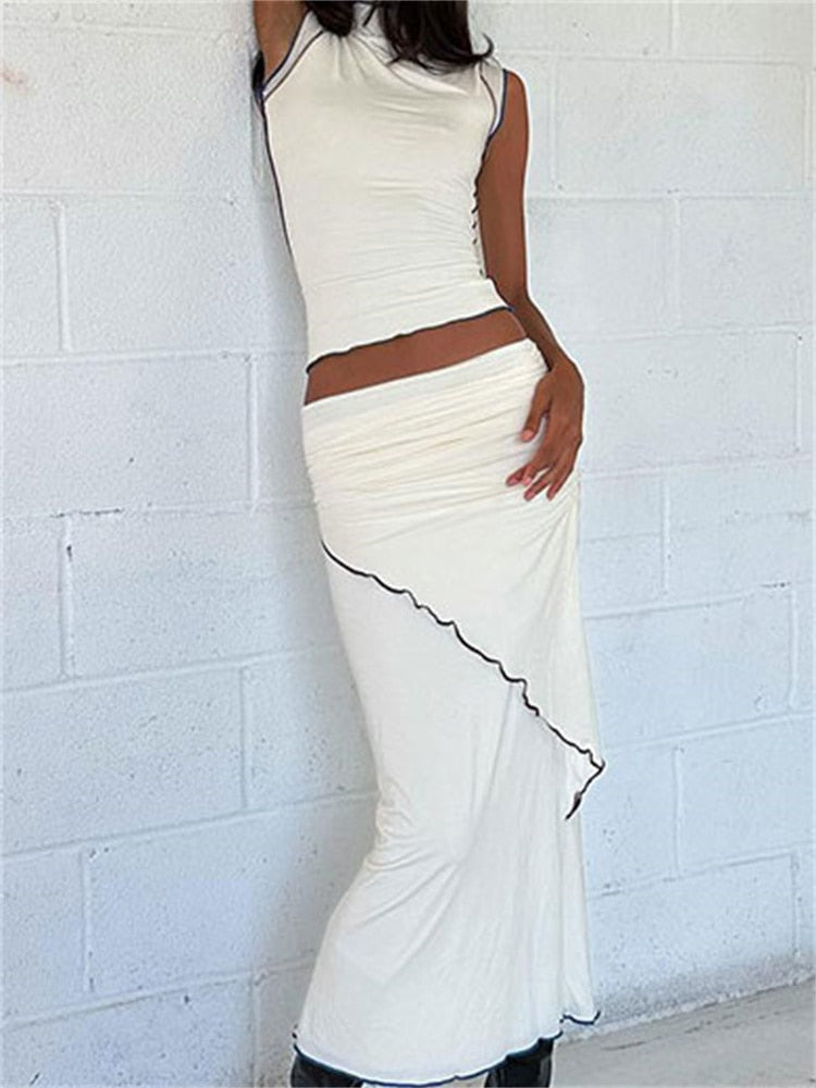 Ruffled Sleeveless Cami Tops And Maxi Skirts Set For Women Two Piece Skirt Set Skinny Slim Bodycon White Dress Sets Summer