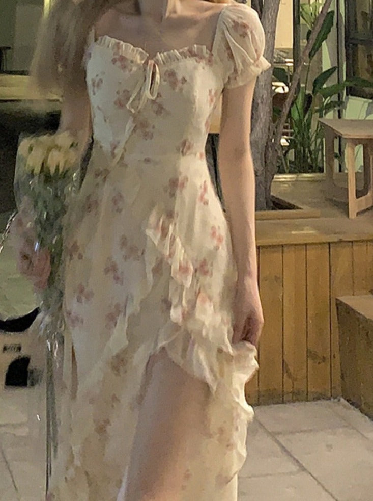 Floral Elegant Short Sleeve Dress Woman Casual Summer Sexy Party One Piece Dress Korean Fashion Beach Vintage Midi Dress