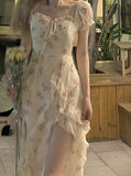 Floral Elegant Short Sleeve Dress Woman Casual Summer Sexy Party One Piece Dress Korean Fashion Beach Vintage Midi Dress