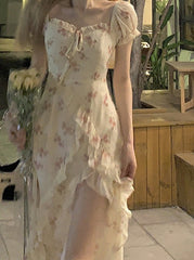 Floral Elegant Short Sleeve Dress Woman Casual Summer Sexy Party One Piece Dress Korean Fashion Beach Vintage Midi Dress