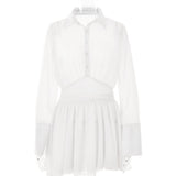 Sexy Women Chiffon Turndown Collar White Ruched Mini Dress Chic Single Breasted Longsleeve Slim Fall Dresses
