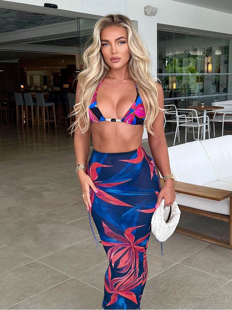 Summer Beach Dress Sets Floral Printed Three Piece Sets Sexy Bikini Sets and Slim Maxi Skirts Suits Women Club Partywear