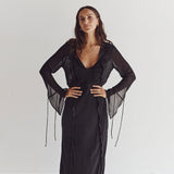Elegant Black Sheer Beach Dress Women Sexy Flare Sleeve Mesh Tassel Bodycon Summer Dress Night Party Long Dress Cover-Ups