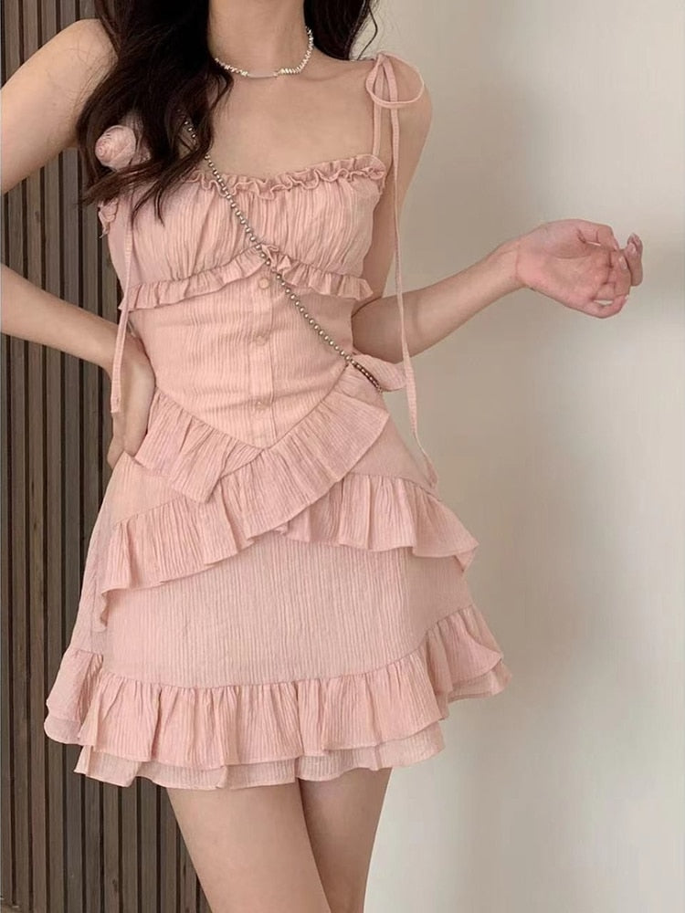Summer Pink Strap Dress Office Lady Casual Sleeveless Beach Style Y2k Mini Dress Even Party Outwear One Piece Dress Korean
